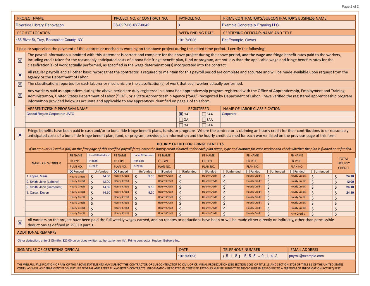Page 2 of the sample WH-347: all six Statement of Compliance boxes checked, the apprenticeship program table, the hourly credit for fringe benefits table and additional remarks